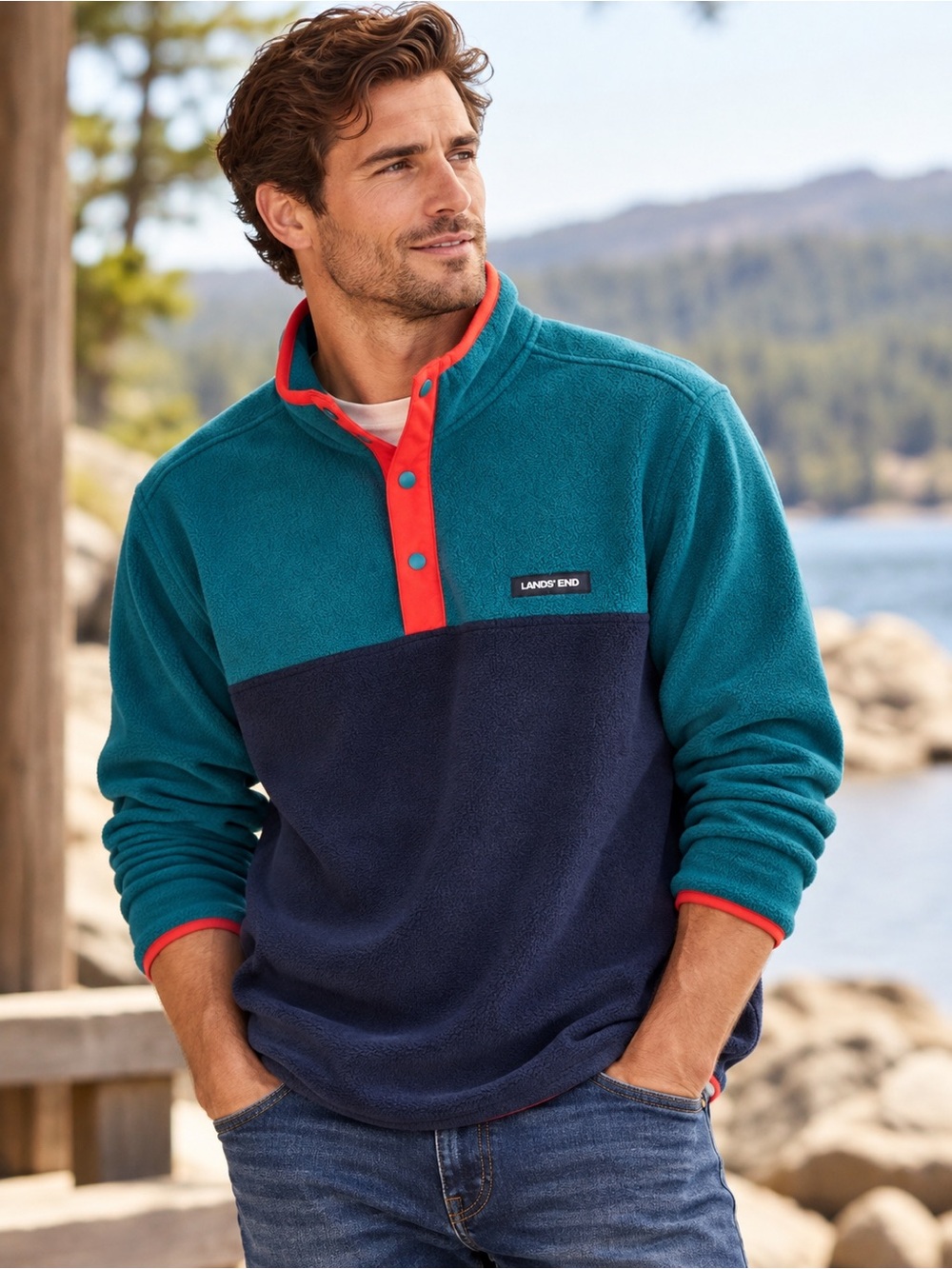 Lands’ End Men’s NWT Snap-T Fleece Colorblock Teal Navy Red Gorpcore